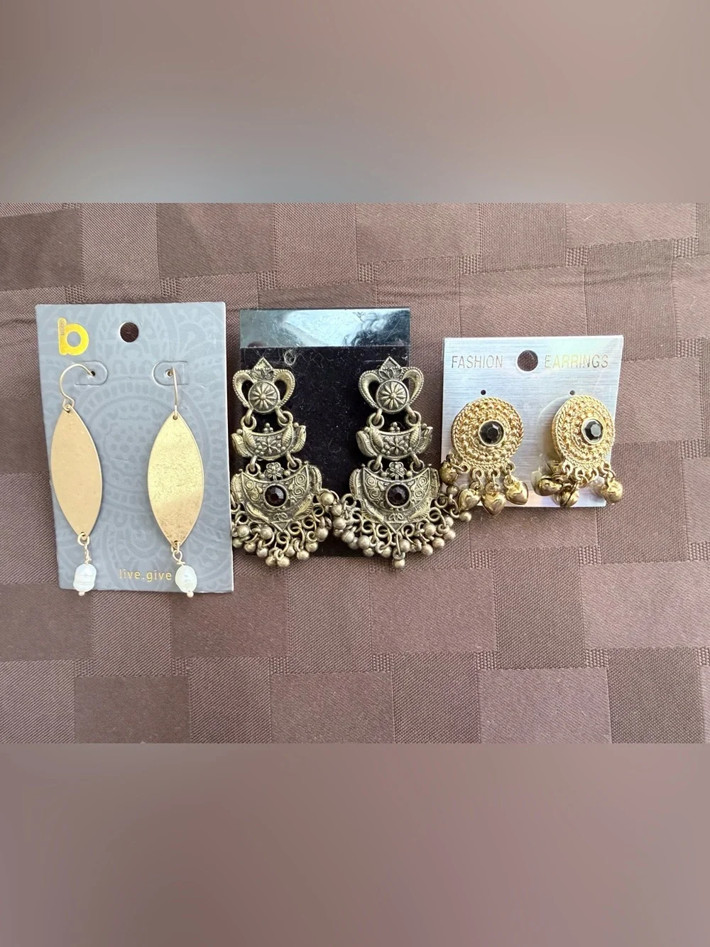 Boho Statement Earring Lot - 3 Pairs (Chandelier, Jhumka, Leaf Dangle)
